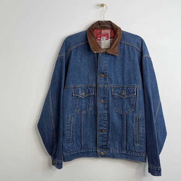 Share  Vintage Marlboro Country Store Denim Jean Jacket Mens Sz L Leather C - Picture 1 of 11